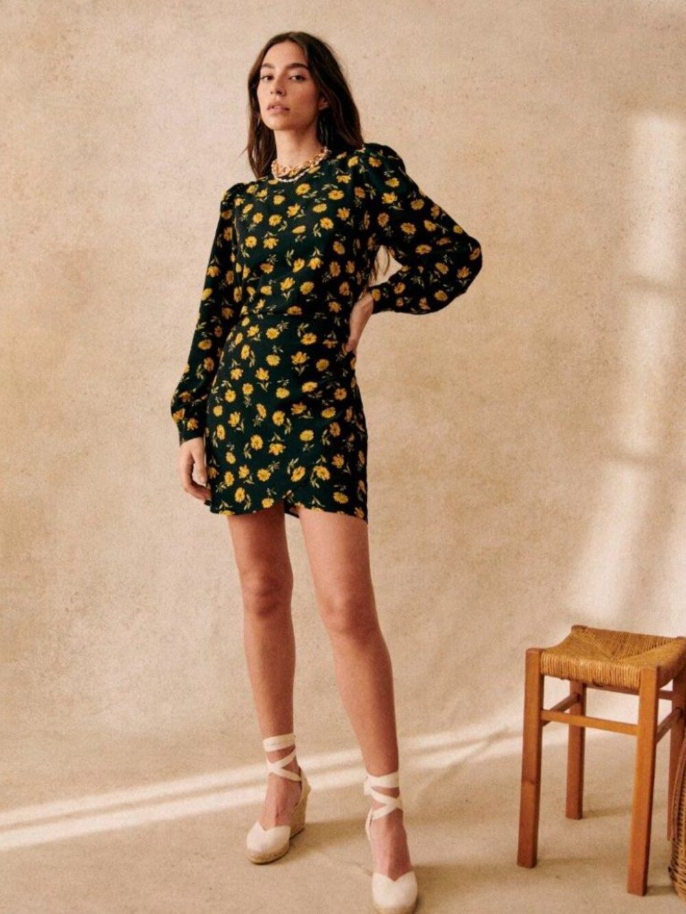 NEW Sezane Ethell Dress Sz 36/4 Black Yellow Floral Long Sleeve